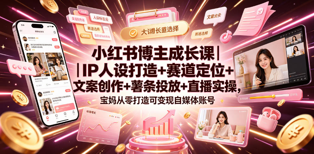 小红书博主成长课｜IP人设打造+赛道定位+文案创作+薯条投放+直播实操，宝妈从零打造可变现自媒体账号-179创客网