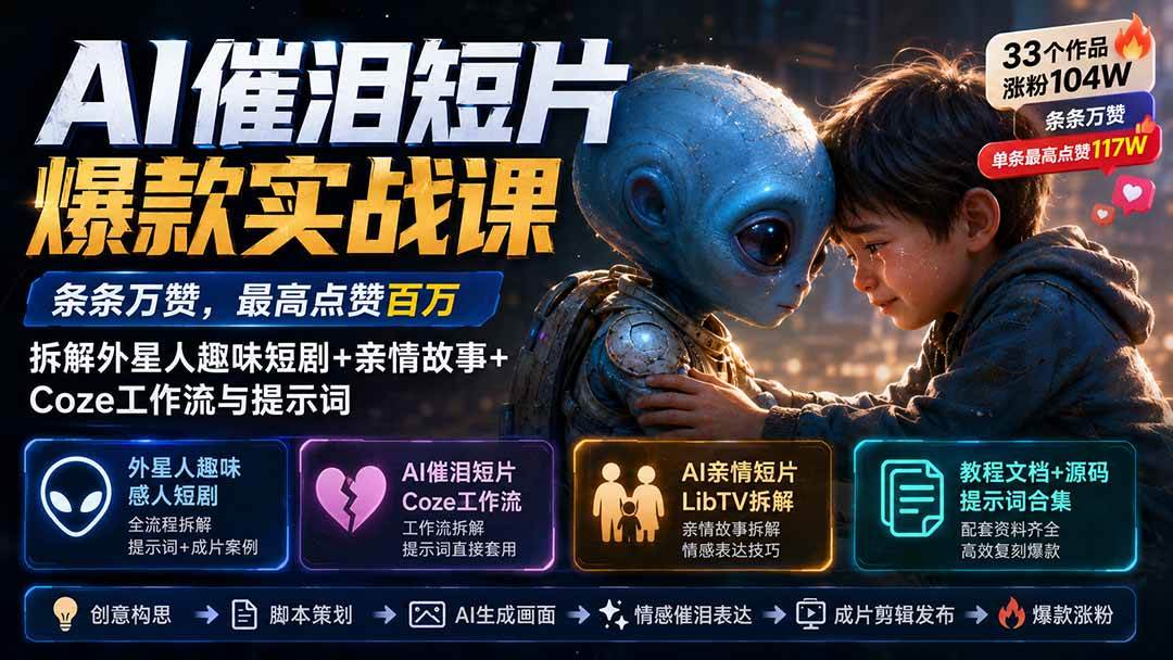（20038期）AI催泪短片爆款实战课：条条万赞，最高点赞百万，拆解外星人趣味短剧+亲情故事+Coze工作流与提示词-179创客网