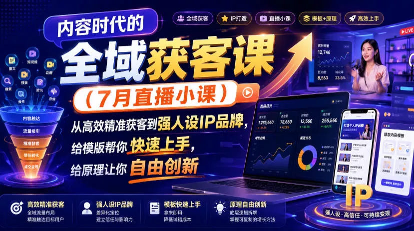 内容时代的全域获客课(7月直播小课)，从高效精准获客到强人设IP品牌，给模版帮你快速上手，给原理让你自由创新-179创客网