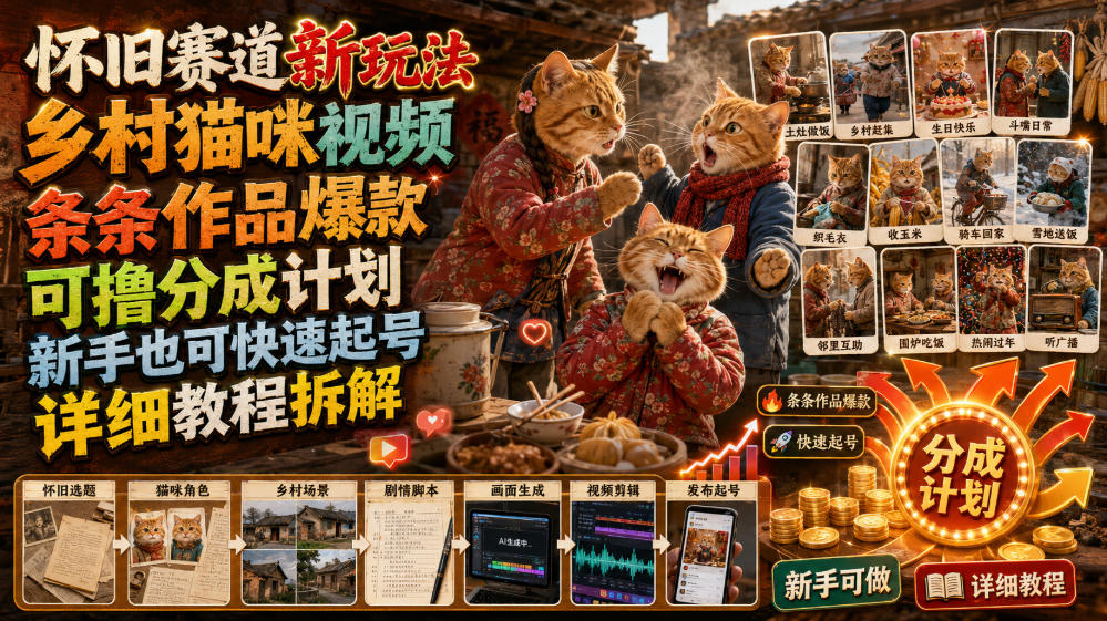 怀旧赛道新玩法，乡村猫咪视频，条条作品爆款，可撸分成计划，新手也可快速起号，详细教程拆解-179创客网
