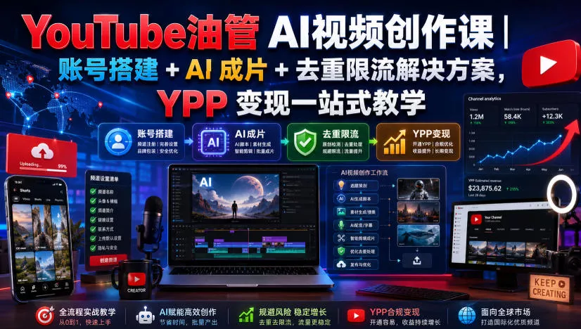 YouTube油管AI视频创作课｜账号搭建+AI成片+去重限流解决方案，YPP变现一站式教学(更新0817)-179创客网