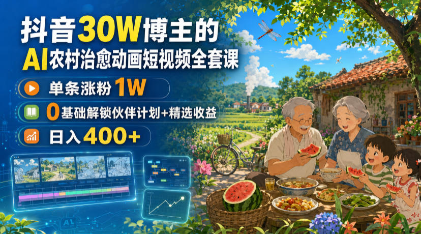 抖音30W博主的AI农村治愈动画短视频全套课｜单条涨粉1W，0基础解锁伙伴计划+精选收益，日入400+-179创客网