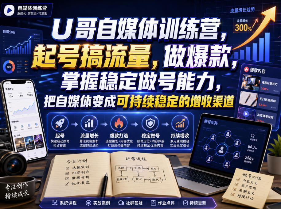 U哥自媒体训练营，起号搞流量，做爆款，掌握稳定做号能力，把自媒体变成可持续稳定的增收渠道-179创客网