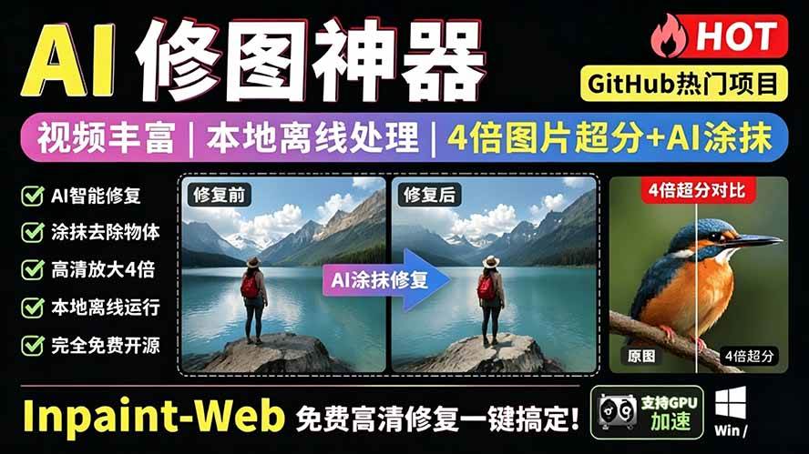 （19073期）本地离线处理，4倍图片超分+AI涂抹去水印！ Github上热门神器，免费高清修复图一键搞定！Inpaint-Web-179创客网