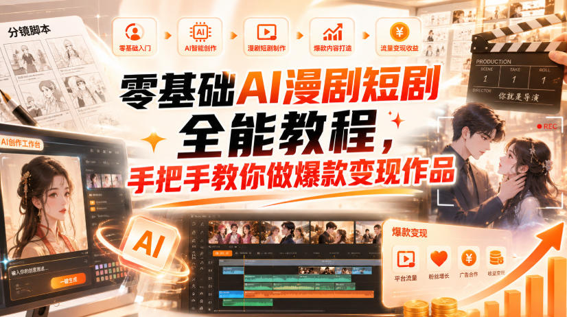零基础AI漫剧短剧全能教程，从AI智能体搭建、文案脚本分镜、多平台AI生视频、剪映精修，覆盖全题材创作，手把手教你做爆款变现作品-179创客网