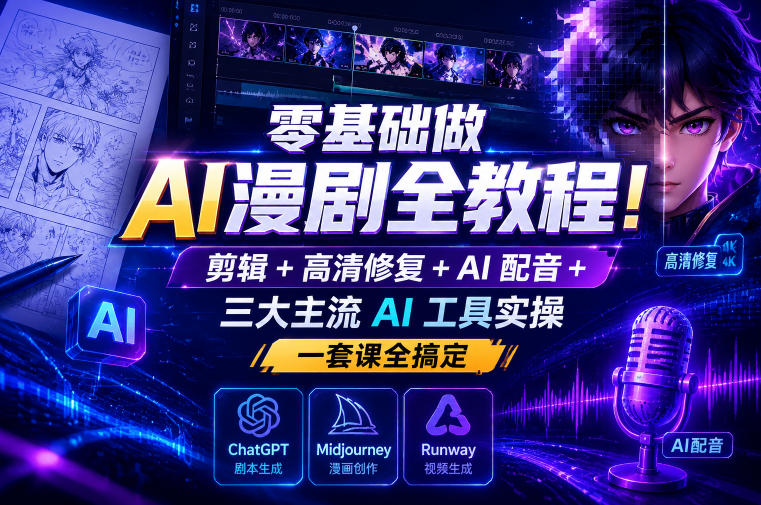 零基础做AI漫剧全教程！剪辑+高清修复+AI配音+三大主流AI工具实操，一套课全搞定-179创客网