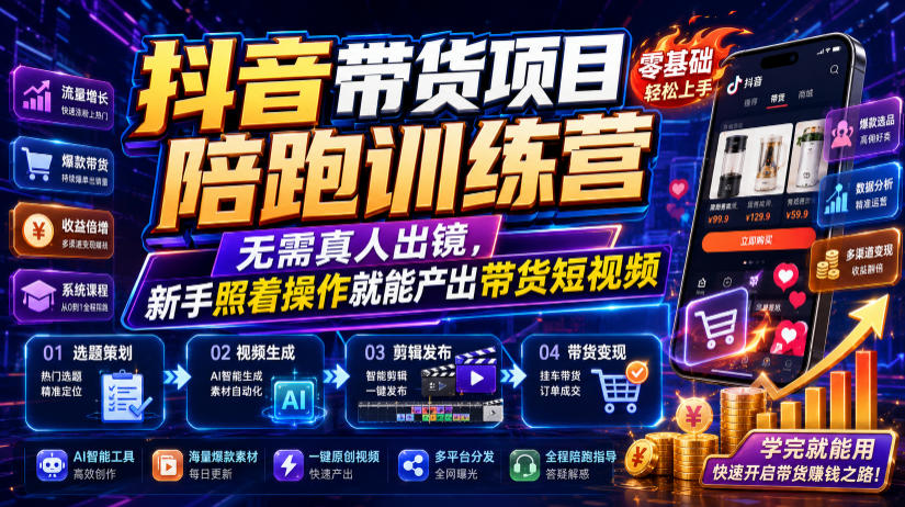抖音带货项目陪跑训练营，无需真人出镜，新手照着操作就能产出带货短视频（更新0811）-179创客网
