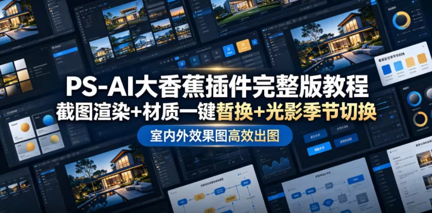 PS-AI大香蕉插件完整版教程，截图渲染+材质一键替换+光影季节切换，室内外效果图高效出图高阶课程-179创客网