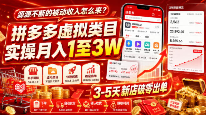 源源不断的被动收入怎么来？拼多多虚拟类目实操月入1至3W，3-5天新店破零出单-179创客网
