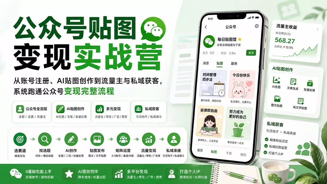 公众号贴图变现实战营：从账号注册、AI贴图创作到流量主与私域获客，系统跑通公众号变现完整流程-179创客网
