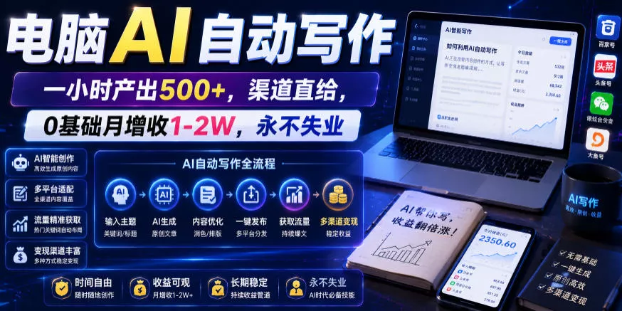 电脑AI自动写作，一小时产出500+，渠道直给，0基础月增收1-2W，永不失业【揭秘】-179创客网