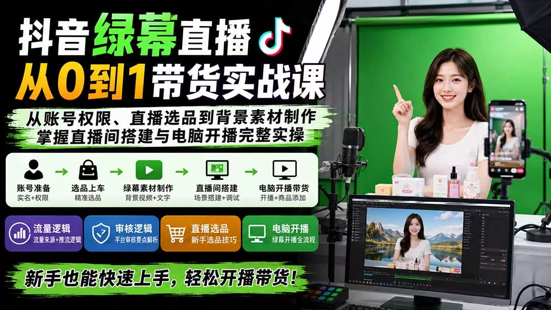 抖音绿幕直播从0到1带货实战课：从账号权限、直播选品到背景素材制作，掌握直播间搭建与电脑开播完整实操-179创客网