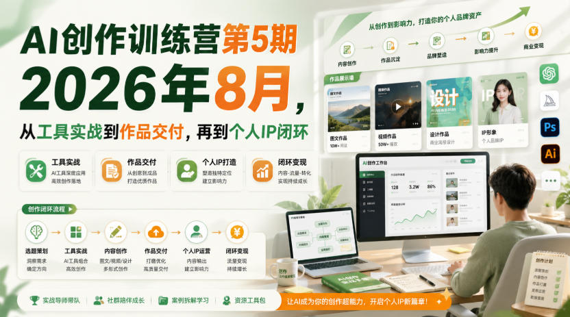 AI创作训练营第5期2026年8月，从工具实战到作品交付，再到个人IP闭环-179创客网