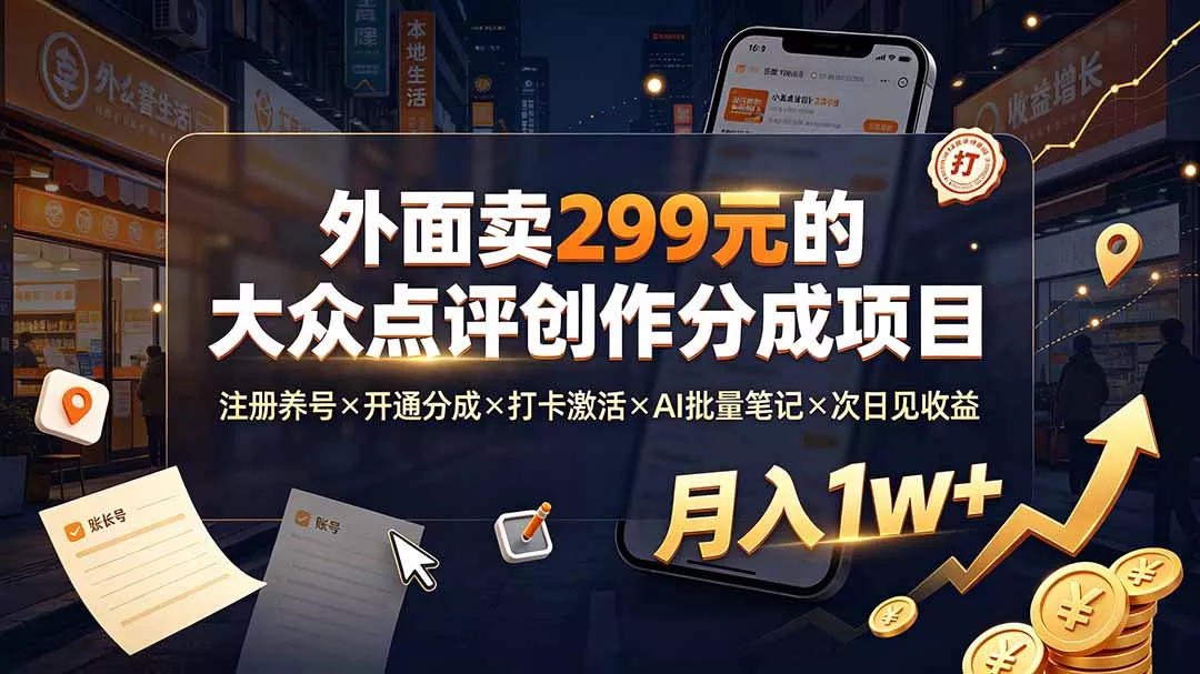 外面卖299元的大众点评创作分成项目：注册养号×开通分成×打卡激活×AI批量笔记×次日见收益，月入1w+-179创客网