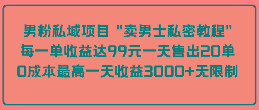 (9730期)男粉私域项目 “卖男士私密教程” 每一单收益达99元一天售出20单-179创客网