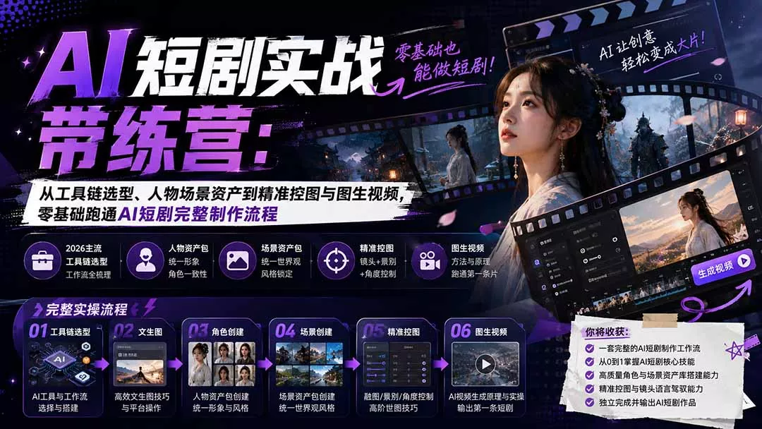 AI短剧实战训练营：从工具链选型、人物场景资产到精准控图与图生视频，零基础跑通AI短剧完整制作流程-179创客网