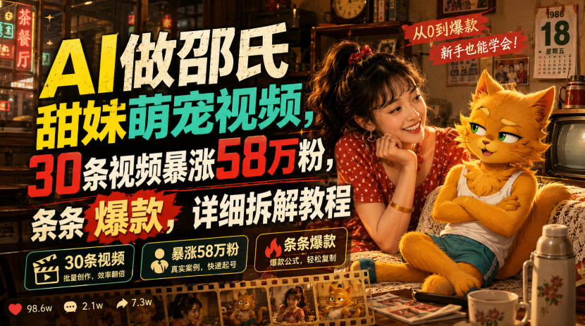 AI做邵氏甜妹萌宠视频，30条视频暴涨58万粉，条条爆款，详细拆解教程-179创客网