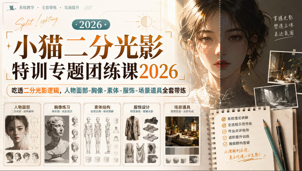 小猫二分光影特训专题团练课2026｜吃透二分光影逻辑，人物面部‑胸像‑素体‑服饰‑场景道具全套带练，高清画质附赠课件与笔刷-179创客网